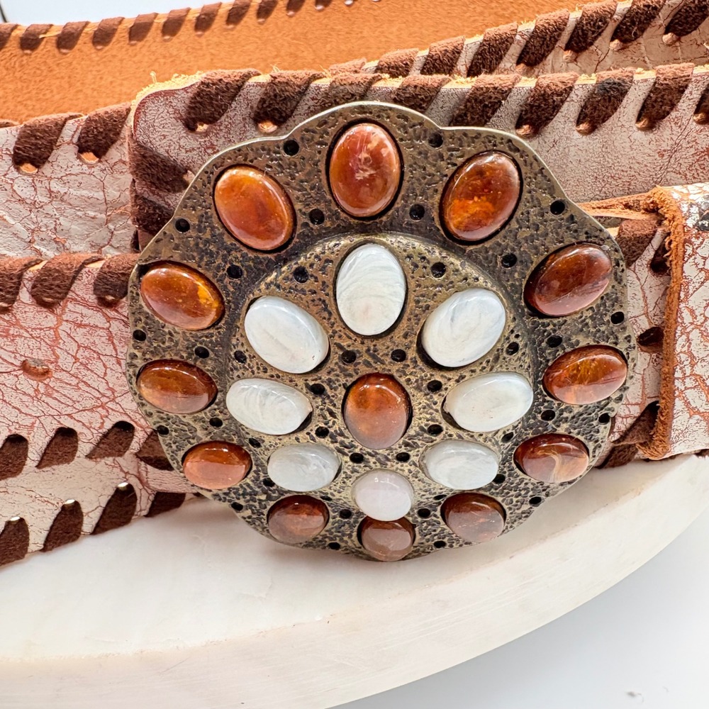 VTG Streets Ahead Wester Wide Waist Belt Women S Cream Leather Whipstitch Stones - Picture 5 of 7